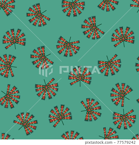 Abstract style seamless doodle pattern with random little folk licuala palm print. Turquoise background. 77579242