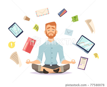 Business yoga concept. Office zen relax concentration at workspace table yoga practice illustration Business yoga concept. Office zen relax concentration at workspace table yoga practice illustration 77580078