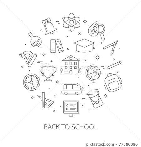 Round shape with school symbols. Symbols and pictures of science 77580080