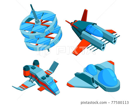 Spaceships isometric. Building technology of various types of ships cargo warship bomber and aerial 3d low poly spaceships isolated 77580113