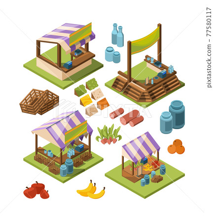 Local farm isometric. Food marketplaces with meat vegetables fish grocery country store pictures isolated Local farm isometric. Food marketplaces with meat vegetables fish grocery country store pictures isolated 77580117