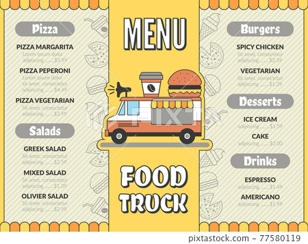 Food truck menu. Outdoor kitchen in car mobile van mexican tacos ice cream fast food drinks pizza flyer template Food truck menu. Outdoor kitchen in car mobile van mexican tacos ice cream fast food drinks pizza flyer template 77580119