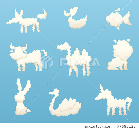 Shapes of animal clouds. Different funny cartoon clouds Shapes of animal clouds. Different funny cartoon clouds 77580123