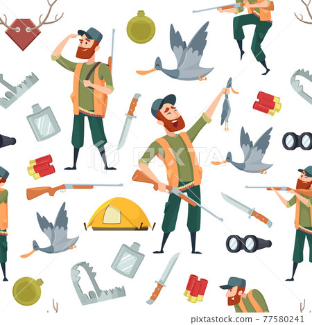 Duck hunters pattern. Seamless background with cartoon pictures and symbols of hunting Duck hunters pattern. Seamless background with cartoon pictures and symbols of hunting 77580241