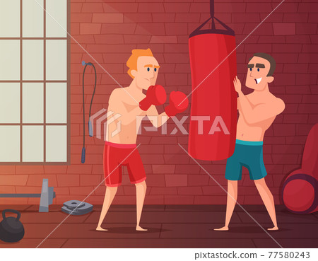 Boxer training. Male hits to punching bag at the gym. Cartoon sport characters Boxer training. Male hits to punching bag at the gym. Cartoon sport characters 77580243