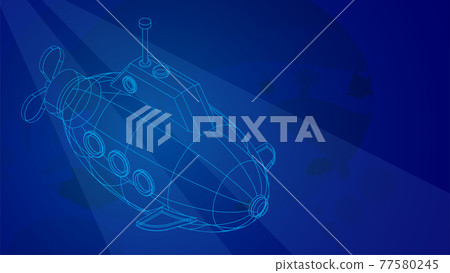 toy submarine in wireframe low poly mesh on blue underwater background. Children toys and entertainment. Underwater research. 3d vector toy submarine in wireframe low poly mesh on blue underwater background. Children toys and entertainment. Underwater research. 3d vector 77580245