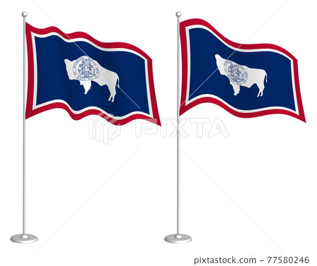 flag of american state of Wyoming on flagpole waving in wind. Holiday design element. Checkpoint for map symbols. Isolated vector on white background flag of american state of Wyoming on flagpole waving in wind. Holiday design element. Checkpoint for map symbols. Isolated vector on white background 77580246