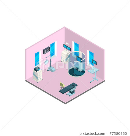 isometric hospital interior with furniture and medical equipment illustration 77580560