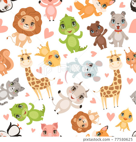 Baby animals pattern. Fabric printed seamless safari wild animals crocodile giraffe lion cartoon background 77580625