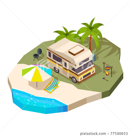 Camping car at the sea. isometric composition Camping car at the sea. isometric composition 77580653