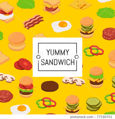 Isometric burger ingredients background and colored pattern 77580701