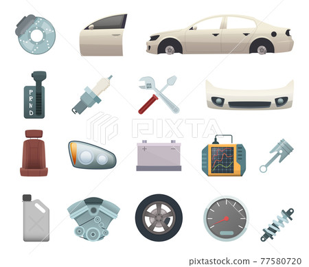 Car parts. Automobile creation kit with gear wheels disc engine transmission steel white door brown seat and headlight icons 77580720