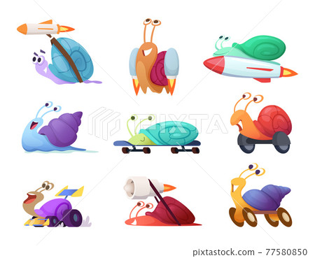 Fast cartoon snails. Business concept characters of competitive quick cute slug race mascots in action poses 77580850