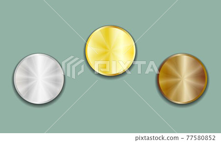 Empty Blank Set vector templates for awards medals, coin, price tags, sewing buttons, buttons, icons or medals with gold silvver and bronze shiny metal texture. 77580852