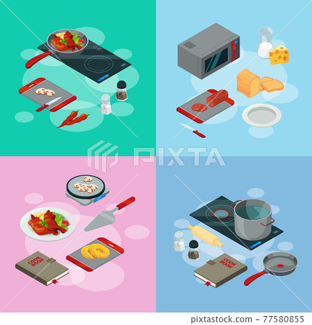 Cooking elements. cooking food isometric illustration Cooking elements. cooking food isometric illustration 77580855