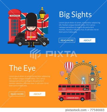 cartoon London sights illustration. England attractions banners 77580883