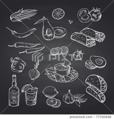 sketched mexican food elements set on black chalkboard sketched mexican food elements set on black chalkboard 77580886