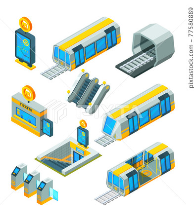 Subway metro elements. Entrance electric gates and signs train tunnel with escalator modern subway station isometric 3d pictures 77580889