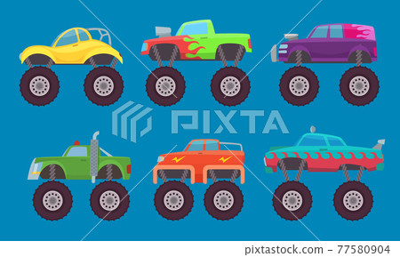 Monster truck cars. Automobiles with big wheels creature auto toy for kids pictures isolated Monster truck cars. Automobiles with big wheels creature auto toy for kids pictures isolated 77580904