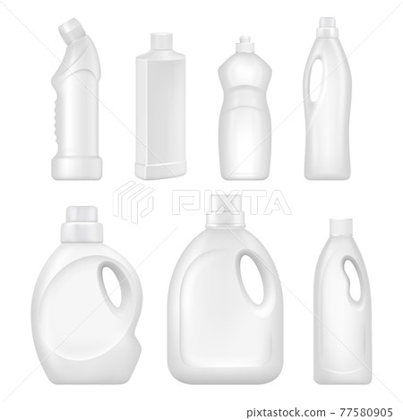Plastic empty bottles. Sanitary containers with chemical liquids for cleaning services Plastic empty bottles. Sanitary containers with chemical liquids for cleaning services 77580905
