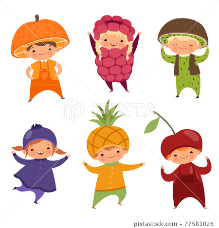 Children in fruit costumes. pictures of various funny clothes for kids Children in fruit costumes. pictures of various funny clothes for kids 77581026