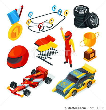 Sport racing symbols. Isometric pictures of racing cars and formula 1 symbols Sport racing symbols. Isometric pictures of racing cars and formula 1 symbols 77581119