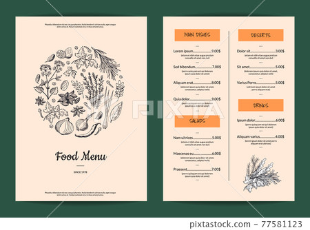 restaurant or cafe menu with hand drawn herbs and spices restaurant or cafe menu with hand drawn herbs and spices 77581123