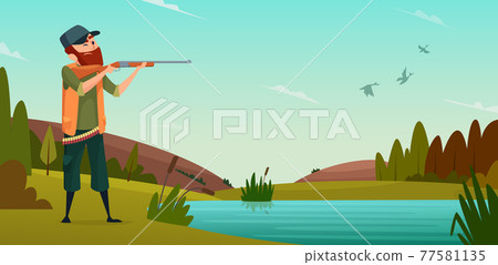 Duck hunting background. Cartoon illustration of hunter on hunt 77581135