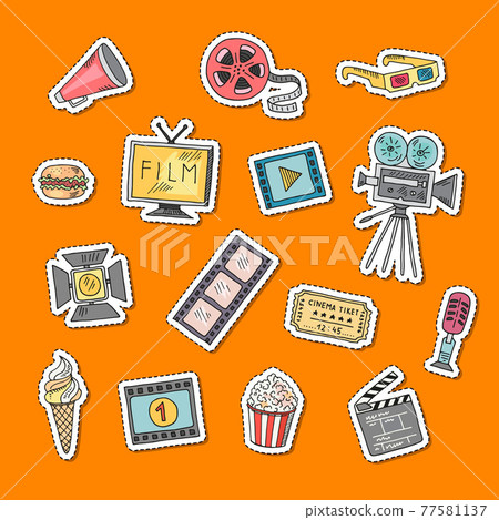 cinema doodle icons stickers set illustration 77581137