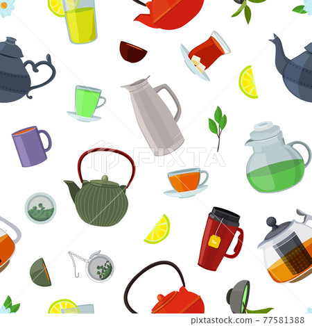cartoon tea kettles and cups pattern or background illustration cartoon tea kettles and cups pattern or background illustration 77581388