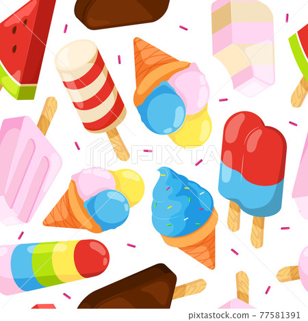 Ice cream seamless pattern. Colored cartoon pictures of ice cream Ice cream seamless pattern. Colored cartoon pictures of ice cream 77581391