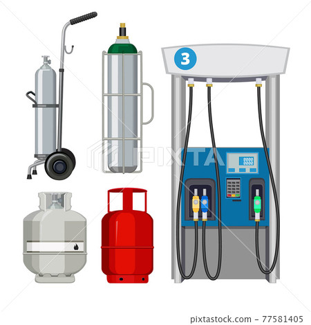 Gas station. Pumping petrol types metal tank cylinders illustrations of petrol pumps 77581405