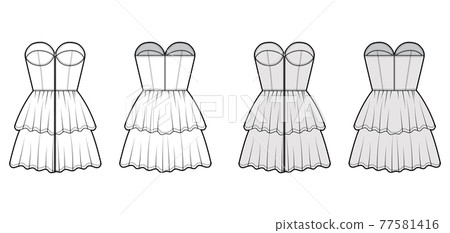 Zip-up bustier dress technical fashion illustration with strapless, fitted body, 2 row mini length ruffle tiered skirt.  77581416