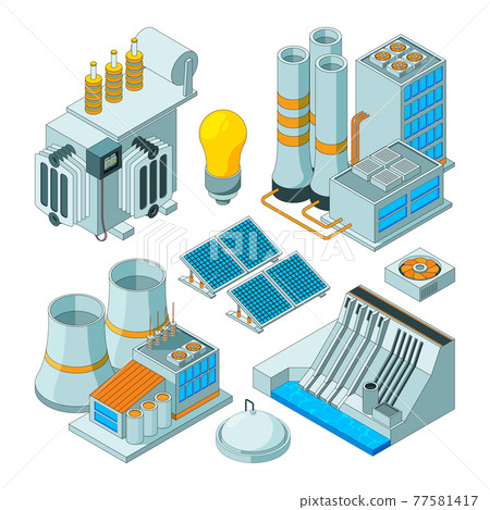 Electrical equipment. Watt electricity lighting generators isometric pictures isolated 77581417