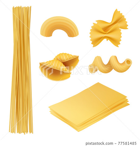 Pasta realistic. Italian food farfalle fusilli macaroni cook ingredients pictures of traditional cuisine Pasta realistic. Italian food farfalle fusilli macaroni cook ingredients pictures of traditional cuisine 77581485
