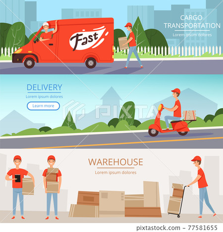 Delivery service banners. Cargo warehouse workers pizza and food delivery man on transport red van motorcycle. design template of banners Delivery service banners. Cargo warehouse workers pizza and food delivery man on transport red van motorcycle. design template of banners 77581655