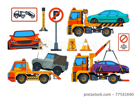 Evacuators on white. Cartoon pictures of evacuator cars Evacuators on white. Cartoon pictures of evacuator cars 77581690