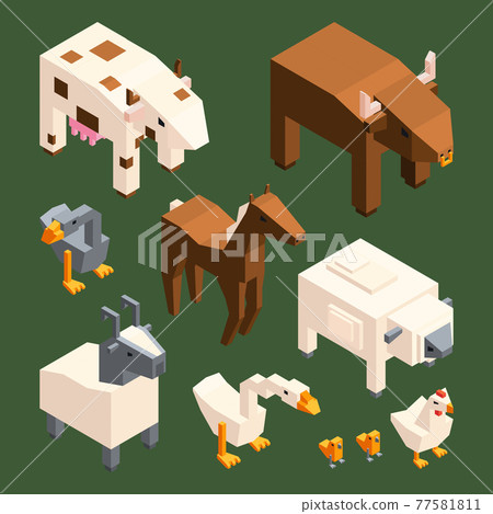 3D low poly animals. isometric farm animals isolate 3D low poly animals. isometric farm animals isolate 77581811