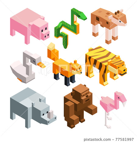 pictures set of funny stylized animals. Isometric illustrations pictures set of funny stylized animals. Isometric illustrations 77581997