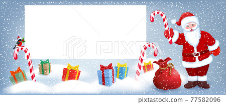 Cartoon Santa Claus wit striped candy and gift box anr big Christmas bag near billboard for layout congratulation or letter with list wish to Santa Claus Cartoon Santa Claus wit striped candy and gift box anr big Christmas bag near billboard for layout congratulation or letter with list wish to Santa Claus 77582096