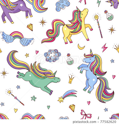 cute hand drawn magic unicorns and stars pattern or background illustration cute hand drawn magic unicorns and stars pattern or background illustration 77582620