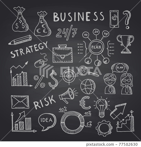 business doodle icons on black chalkboard illustration business doodle icons on black chalkboard illustration 77582630
