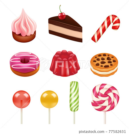 Sweets and candy pictures. Objects from sugar, dulce caramel candy and chocolate sweets illustrations isolate Sweets and candy pictures. Objects from sugar, dulce caramel candy and chocolate sweets illustrations isolate 77582631