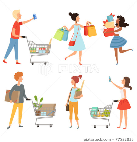 Male and female shopping. pictures of various characters in shop 77582833