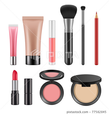 Cosmetic packages. Various realistic pictures of cosmetics for women 77582845