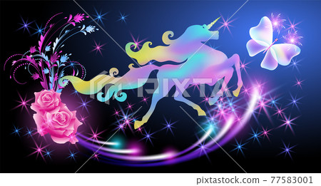 Iridescent unicorn with luxurious winding mane and butterfly against the background of the fantasy universe with sparkling stars and roses Iridescent unicorn with luxurious winding mane and butterfly against the background of the fantasy universe with sparkling stars and roses 77583001