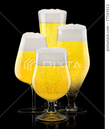 Set of fresh stout beer glasses with bubble froth isolated on black background. Set of fresh stout beer glasses with bubble froth isolated on black background. 77583913