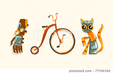 Steampunk Fictional Objects and Mechanism with Cat Robot and Mechanical Hand Vector Set Steampunk Fictional Objects and Mechanism with Cat Robot and Mechanical Hand Vector Set 77584160