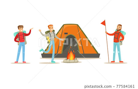 Cheerful People Characters with Backpack Hiking or Trekking Vector Illustration Set Cheerful People Characters with Backpack Hiking or Trekking Vector Illustration Set 77584161