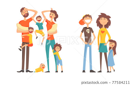 Family Members with Happy and Exhausted Parents Feeling Tired Vector Set 77584211